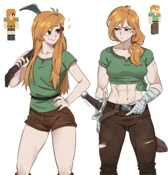 abs absurdres alex_(minecraft) artist_name bandaged_arm bandages belt box_body breasts brown_pants commentary dashi_(dashiart) green_eyes green_shirt highres holding holding_pickaxe long_hair midriff minecraft multiple_views navel orange_hair pants pickaxe ponytail scowl shirt short_shorts short_sleeves shorts simple_background smile sweat_stain sword tied_shirt toned toned_female torn_clothes torn_pants weapon white_background