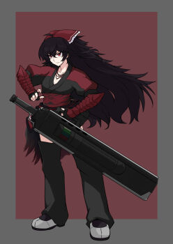 1girl absurdres bandana black_gloves black_hair border breasts cleavage commentary fighting_stance fingerless_gloves gloves grey_border highres ishikane_aoi jewelry long_hair medium_breasts multiple_necklaces necklace raven_branwen ready_to_draw red_background red_bandana red_eyes rwby samurai sheath skirt solo sword thighhighs vambraces very_long_hair weapon