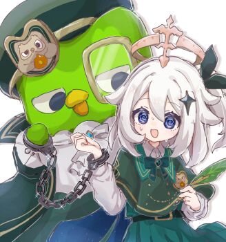 Rule 34 | @ @, blue eyes, capelet, collared shirt, commentary request, cuffs, dress, duo (duolingo), duolingo, genshin impact, green capelet, green dress, green jacket, halo, handcuffs, hat, highres, holding, holding quill, jacket, long sleeves, masikii 13, monocle, paimon (genshin impact), quill, shirt, white background, white hair, white shirt