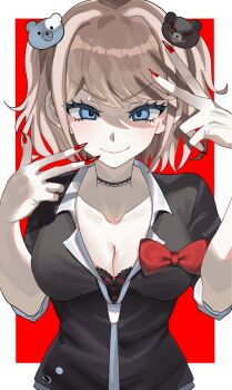 1girl alternate_hair_length alternate_hairstyle bear_hair_ornament black_shirt blonde_hair bow breasts cleavage collarbone danganronpa:_trigger_happy_havoc danganronpa_(series) enoshima_junko green_eyes hair_ornament hands_up highres large_breasts nail_polish red_background red_nails shiny_skin shirt short_hair smile solo tarutaru428 twintails white_background