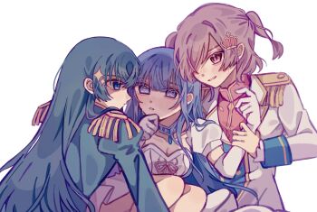 3girls absurdres aijou_karen black_hair blue_eyes blue_gemstone blue_hair blue_jacket blunt_bangs blush breasts brown_eyes brown_hair cleavage collar collarbone commentary crown_hair_ornament detached_sleeves dress elbow_gloves epaulettes gem girl_sandwich gloves hair_between_eyes hair_ornament hair_over_one_eye hairclip hand_on_own_chin hand_up hands_up heads_together heart heart-shaped_pupils highres holding_another&#039;s_wrist jacket jewelry juliet_sleeves kagura_hikari kira_star_99 long_hair long_sleeves looking_at_another love_triangle medium_breasts multiple_girls nose_blush official_alternate_costume one_eye_covered parted_lips pendant pink_ribbon profile puffy_detached_sleeves puffy_short_sleeves puffy_sleeves purple_eyes red_shirt ribbon sandwiched shaded_face shirt short_sleeves shoujo_kageki_revue_starlight simple_background sitting sparkle_hair_ornament strapless strapless_dress sweatdrop symbol-shaped_pupils tsuyuzaki_mahiru upper_body v-shaped_eyebrows very_long_hair white_background white_collar white_dress white_gloves white_jacket yuri