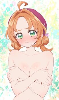 1girl absurdres ahoge akechi_anna blush breasts commentary_request completely_nude covering_breasts covering_privates crossed_arms double_bun flipped_hair forehead green_eyes hair_bun hair_intakes hat highres medium_breasts meitantei_precure! nagisa_(omiwatari_no_ya) nose_blush nude orange_hair precure red_hat solo tears upper_body