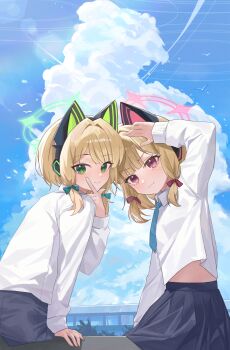 Rule 34 | 2girls, absurdres, animal ear headphones, animal ears, arm support, arm up, black skirt, blonde hair, blue archive, blue necktie, blue sky, blunt bangs, blush, bow, cat ear headphones, cat ears, chinese commentary, closed mouth, cloud, cloudy sky, collared shirt, commentary, day, fake animal ears, green bow, green eyes, green halo, hair bow, hair intakes, halo, hand up, headphones, highres, l hand, long sleeves, looking at viewer, looking back, low-tied sidelocks, manjie, midori (blue archive), midriff peek, momoi (blue archive), multiple girls, necktie, outdoors, parted bangs, pink eyes, pink halo, red bow, shirt, short hair, siblings, sidelocks, sisters, sitting, skirt, sky, smile, turning head, twins, white shirt