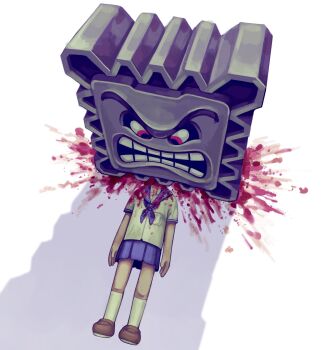 1girl blood blood_splatter blue_neckerchief blue_sailor_collar blue_skirt brown_footwear death guro helllst4r highres kneehighs mario_(series) neckerchief nintendo original red_eyes sailor_collar school_uniform serafuku shadow shirt skirt socks teeth thwomp white_background white_shirt white_socks