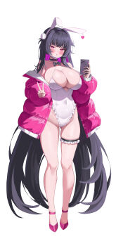 Rule 34 | 1girl, absurdres, animal ear hairband, animal ears, black bow, black bowtie, black hair, blush, bow, bowtie, breasts, cellphone, cleavage, commentary, covered navel, fake animal ears, fingernails, frilled thigh strap, full body, gluteal fold, hairband, hands up, highleg, highleg leotard, highres, holding, holding phone, jacket, large breasts, leotard, long hair, looking at viewer, mole, mole under eye, nail polish, open clothes, open jacket, original, padded jacket, phone, pink jacket, pink nails, playboy bunny, purple eyes, rabbit ears, simple background, sisong, skindentation, solo, standing, thigh strap, untranslatable commentary, v, very long hair, white background, white hairband, white leotard