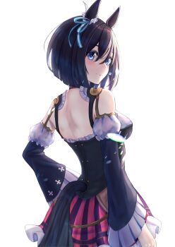 1girl absurdres animal_ears black_bodice black_hair black_sleeves black_tail blue_eyes blue_ribbon bob_cut bodice bow choker chromatic_aberration closed_mouth commentary_request cowboy_shot detached_sleeves dirndl ear_ornament ear_ribbon ear_scrunchie eishin_flash_(meisterschaft)_(umamusume) eishin_flash_(umamusume) film_grain frilled_skirt frilled_sleeves frills from_behind german_clothes hair_between_eyes highres horse_ears horse_girl horse_tail looking_at_viewer looking_back medium_hair red_choker red_skirt ribbon sidelighting sideways_glance simple_background skirt smile solo standing striped_clothes striped_ribbon striped_skirt tail umamusume vertical-striped_clothes vertical-striped_skirt white_background wide_sleeves yami_anko