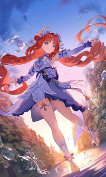 1girl aqua_eyes barefoot blue_sky blue_sleeves closed_mouth detached_sleeves dress dress_flower flower genshin_impact hair_flower hair_ornament hashtag-only_commentary highres hobio long_hair looking_at_viewer nilou_(breeze_of_sabaa)_(genshin_impact) nilou_(genshin_impact) official_alternate_costume outdoors purple_flower red_hair sky sleeveless sleeveless_dress smile standing standing_on_one_leg veil very_long_hair white_dress white_veil