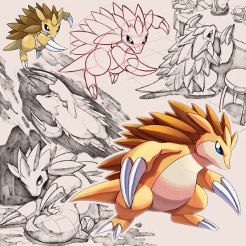 blue_sclera bright_pupils cave claws colored_sclera colored_skin commentary_request digging food gen_1_pokemon headpat highres long_claws looking_up muffin nintendo pangolin pokemon pokemon_(creature) pokemon_focus pokemon_frlg sandshrew sandslash shoupitsuki sketch spikes standing stool tail white_pupils yellow_skin