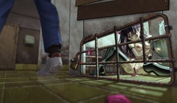 1boy 1girl anal_beads bdsm black_eyes black_hair black_thighhighs body_writing bondage bondage_cuffs bound breasts cage chain chained chained_cuffs chained_wrists closed_mouth cuffs dick-o-meter embarrassed fate/stay_night fate_(series) female_focus female_prisoner floor hair_ornament hair_ribbon handcuffs indoors latex latex_thighhighs lattetrouble lock long_hair looking_down measuring nipple_piercing nipples nude on_floor padlock penis_measuring piercing pink_ribbon prison prisoner pussy restrained ribbon sex_toy sitting skindentation slave small_breasts solo spread_legs thighhighs tohsaka_rin toilet_stall twintails very_long_hair wrist_cuffs