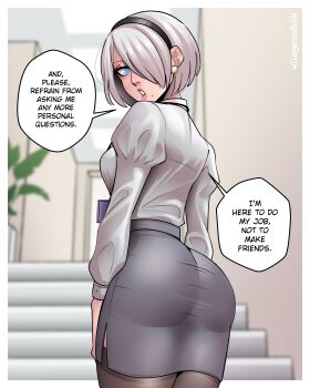 1girl 2b_(nier:automata) absurdres ass black_hairband black_thighhighs blue_eyes breasts commentary cowboy_shot dangerousbride earrings english_commentary english_text from_behind grey_hair hair_over_one_eye hairband highres jewelry juliet_sleeves long_sleeves looking_back medium_breasts miniskirt mole mole_under_mouth nier:automata nier_(series) office_lady parted_lips pencil_skirt puffy_sleeves short_hair side_slit skirt solo stairs thighhighs