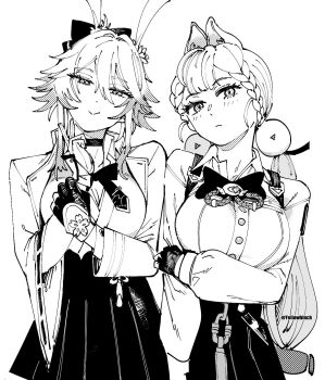 2girls alice_thymefield blush breasts commentary cropped_kimono crossover dated_commentary evanescia_(honkai:_star_rail) highres honkai:_star_rail honkai_(series) large_breasts mihoyo multiple_girls otimusyairoha pleated_skirt shirt skirt tagme white_shirt zenless_zone_zero