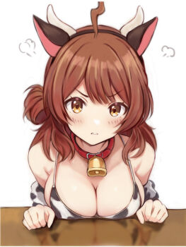 1girl ahoge alternate_costume animal_collar animal_ear_hairband animal_ears animal_print armpit_crease bell bikini blush breasts brown_hair cleavage collar cow_ear_hairband cow_ears cow_horns cow_print cow_print_bikini fake_animal_ears fake_horns gakuen_idolmaster hairband hanami_ume horns idolmaster large_breasts looking_at_viewer nannacy7 neck_bell print_bikini puff_of_air simple_background solo swimsuit v-shaped_eyebrows white_background