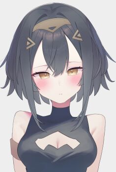 1girl :t absurdres amber_(stella_sora) bare_shoulders black_hair blush breasts cleavage cleavage_cutout clothing_cutout commentary_request grey_background hair_between_eyes hairband highres looking_at_viewer negimasandayo pout simple_background solo stella_sora upper_body yellow_eyes