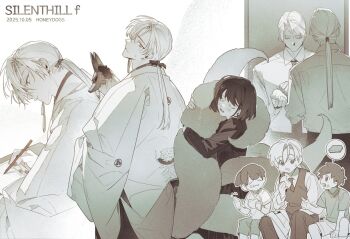 Rule 34 | 2boys, 2girls, black serafuku, earrings, fox boy, fox mask, fox mask (silent hill), fox tail, honey dogs, hugging another's tail, hugging tail, japanese clothes, jewelry, kimono, kitsune, long hair, low ponytail, mask, monochrome, multiple boys, multiple girls, multiple tails, multiple views, ponytail, removing mask, robe, school uniform, serafuku, shimizu hinako, silent hill (series), silent hill f, tail, tassel, tassel earrings