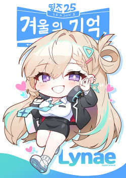 Rule 34 | 1girl, apple caramel, black jacket, black skirt, blonde hair, blue necktie, braid, braided bangs, breasts, character name, collared shirt, commentary, gs25, hair ornament, hand up, headphones, headphones around neck, highres, jacket, large breasts, long hair, looking at viewer, lynae (wuthering waves), multicolored hair, necktie, official alternate costume, purple eyes, shirt, shoes, skirt, smile, solo, streaked hair, translation request, very long hair, waving, white shirt, white shoes, wuthering waves
