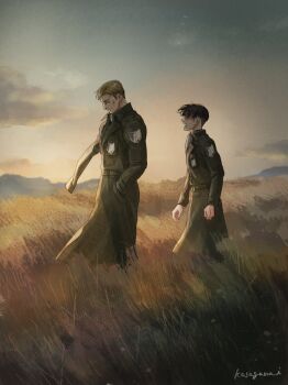 Rule 34 | 2boys, artist name, black hair, blonde hair, cheekbones, cloud, cloudy sky, commentary request, erwin smith, field, green jacket, hand in pocket, highres, jacket, kasagana i, levi (shingeki no kyojin), light smile, looking at another, looking down, male focus, military jacket, multiple boys, open mouth, outdoors, parted bangs, shingeki no kyojin, shirt, short hair, sky, survey corps (emblem), white shirt