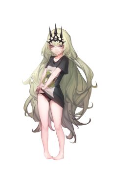 1girl absurdres black_panties black_shirt chinese_commentary closed_mouth commentary_request crown full_body green_eyes green_hair green_nails highres honkai_(series) honkai_impact_3rd hulai_de_gou_sheng klein_(honkai_impact) long_hair looking_at_viewer mobius_(honkai_impact) nail_polish panties shirt simple_background slit_pupils smile solo toenail_polish toenails toes underwear very_long_hair wavy_hair white_background