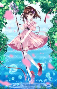 1girl brown_eyes brown_hair commission dress full_body lens looking_at_viewer petals pink_dress reala_(tales) ribbon shizuki_ayame short_hair skeb_commission smile solo staff tales_of_(series) tales_of_destiny tales_of_destiny_2 water