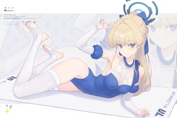 1girl blonde_hair blue_archive blue_eyes blue_halo blue_leotard blue_nails bow breasts closed_mouth commentary_request dan_(kumadan) earrings full_body hair_bow halo highres jewelry leotard long_hair looking_at_viewer lying medium_breasts on_side puffy_short_sleeves puffy_sleeves short_sleeves solo stirrup_legwear thighhighs toeless_legwear toki_(blue_archive) toki_(bunny)_(blue_archive) v very_long_hair white_thighhighs zoom_layer