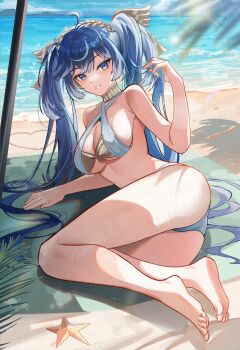 1girl ahoge alternate_costume arm_support ass bare_legs bare_shoulders barefoot beach_towel blue_eyes blue_hair breasts cleavage criss-cross_halter feet full_body halterneck hand_up highres iuno_(wuthering_waves) laosi_j large_breasts laurel_crown legs long_hair looking_at_viewer missing_commentary multicolored_hair ocean outdoors parted_lips shore smile solo starfish streaked_hair thighs toes towel twintails very_long_hair wet wuthering_waves