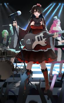3girls :d alternate_costume ascot bambietta_basterbine bare_shoulders black_ascot black_hair black_hat black_jacket black_shoes black_skirt bleach bleach:_sennen_kessen-hen boots breasts brown_boots brown_eyes candice_catnipp checkered_floor cleavage collarbone collared_shirt commentary concert deadman70232800 dress drum drumsticks english_commentary flower flying_sweatdrops frilled_dress frilled_skirt frills full_body green_eyes green_hair guitar hair_flower hair_ornament hat high-waist_skirt highres holding holding_guitar holding_instrument holding_microphone_stand indoors instrument jacket keyboard_(instrument) lace-up_boots large_breasts long_hair long_sleeves looking_at_viewer meninas_mcallon microphone_stand midriff mini_hat mini_top_hat multiple_girls necktie off-shoulder_shirt off_shoulder open_mouth pantyhose pink_eyes pink_hair pink_shirt pleated_dress red_dress red_flower red_necktie shirt shoes short_necktie sitting skirt smile stage standing striped_clothes striped_pantyhose teeth top_hat v-shaped_eyebrows vertical-striped_clothes vertical-striped_pantyhose white_shirt wide_sleeves