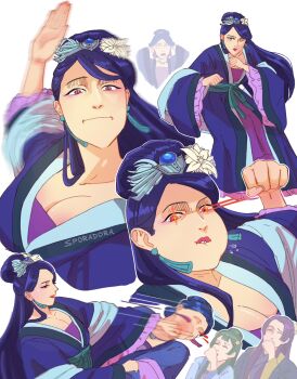 Rule 34 | 1boy, 3girls, artist name, biting own lip, blood, blue hair, breasts, chinese clothes, cleavage, commentary, english commentary, fighting stance, flower, green hair, hair flower, hair ornament, hanfu, highres, incoming attack, jewelry, jinshi (kusuriya no hitorigoto), kusuriya no hitorigoto, lihua (kusuriya no hitorigoto), long hair, long sleeves, maomao (kusuriya no hitorigoto), meme, multiple girls, multiple views, punching, purple hair, red eyes, shin (kusuriya no hitorigoto), shocked black guy (meme), simple background, sporadora, white background, wide sleeves