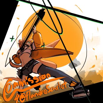 1girl animal_ears arknights asymmetrical_legwear belt black_shorts black_socks black_thighhighs blonde_hair blyskawica_(flandre5carlet) commentary commission commissioner_name commissioner_upload denim denim_shorts dynamic_pose english_commentary firing flat_chest green_eyes highres horse_ears horse_girl horse_tail infection_monitor_(arknights) jacket limbless_crossbow long_hair material_growth open_mouth orange_jacket original oripathy_lesion_(arknights) quiver short_shorts shorts socks solo strapless tail thighhighs tube_top white_tube_top whooie