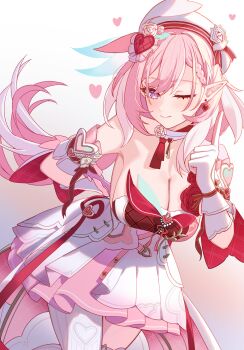 1girl braid braided_bangs breasts cleavage closed_mouth commentary_request diamond-shaped_pupils diamond_(shape) dress earrings elysia_(hi_love_elf)_(honkai_impact) elysia_(honkai_impact) hair_ornament hat heart heart_earrings heart_hair_ornament highres honkai_(series) honkai_impact_3rd jewelry kuwahara_taiki large_breasts leaning_forward long_hair looking_at_viewer one_eye_closed pantyhose pink_hair pointy_ears purple_eyes single_leg_pantyhose smile solo symbol-shaped_pupils very_long_hair white_dress white_hat white_pantyhose