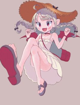 1girl bag bare_shoulders belt_collar black_bow black_ribbon blunt_bangs blush bow bracelet braid clenched_hands collar collarbone convenient_leg demon_wings dress fang floating full_body grey_background grey_hair hair_ribbon handbag hands_up hat hat_bow highres jewelry knees_together_feet_apart knees_up lace_trim long_hair low_twin_braids makaino_ririmu makaino_ririmu_(3rd_costume) multicolored_hair nijisanji no_socks open_mouth pointy_ears red_bag red_collar red_eyes red_streaks red_wings ribbon sandals shoulder_bag sidelocks simple_background skin_fang sleeveless sleeveless_dress smile solo strap_slip straw_hat streaked_hair sundress torimy_v twin_braids two-tone_hair virtual_youtuber w_arms white_dress wings