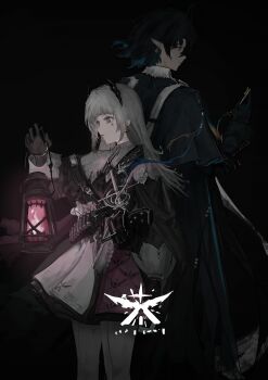 1boy 1girl absurdres ammunition_belt arknights black_capelet black_coat black_gloves black_hair black_jacket blunt_bangs capelet closed_mouth coat collar colored_tips earrings gloves grey_eyes grey_hair gun handgun highres holding holding_key holding_lantern irene_(arknights) jacket jewelry key lantern long_hair lumen_(arknights) multicolored_hair multicolored_skirt nueegochi pantyhose pointy_ears red_skirt revolver scar scar_on_face sidelocks skirt weapon white_collar white_pantyhose yellow_eyes