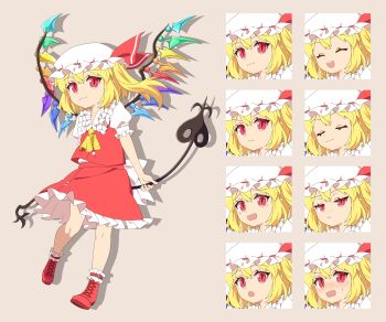 1girl 4rion absurdres ankle_boots blonde_hair boots commentary_request cross-laced_footwear flandre_scarlet frilled_skirt frills full_body hat hat_ribbon highres medium_hair mob_cap multiple_expressions puffy_short_sleeves puffy_sleeves red_eyes red_footwear red_ribbon red_skirt red_vest ribbon short_sleeves side_ponytail skirt socks standing tachi-e touhou vest white_hat white_socks