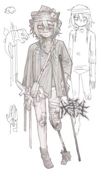 1girl albino alligator amputee animal baby_animal bandaged_head bandaged_leg bandages bandaid bandaid_on_leg braid brown_socks reference_sheet crocodilian full_body highres holding original patch pink_eyes prosthesis prosthetic_leg severed_leg severed_limb shirt sketch_inset socks solo twin_braids white_background white_hair white_shirt wuwuren