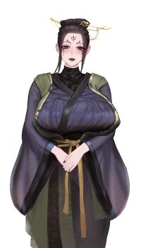 Rule 34 | 1girl, absurdres, alternate breast size (larger), black lips, black myth: wukong, breasts, brown hair, chinese clothes, facial mark, forehead mark, fourth sister (black myth: wukong), green robe, hair ornament, hair stick, half-closed eyes, highres, huge breasts, makeup, multicolored robe, robe, runny makeup, smileguy, solo, standing