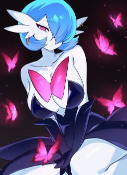 1girl absurdres alternate_color arms_between_legs black_dress black_gloves blue_hair breasts bug butterfly chunniwa cleavage closed_mouth collarbone colored_skin dark_background dress earrings elbow_gloves gardevoir gen_3_pokemon gloves hair_over_one_eye highres insect jewelry large_breasts looking_at_viewer mega_gardevoir mega_pokemon mole mole_under_eye nintendo pink_butterfly pink_eyes plunging_neckline pokemon pokemon_(creature) shiny_pokemon short_hair sitting slit_pupils solo strapless strapless_dress white_skin