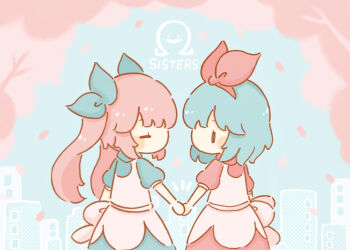2girls apron bow_hairband closed_eyes commentary_request copyright_name hair_ribbon hairband holding_hands limited_palette multiple_girls omega_ray omega_rio omega_sisters omega_symbol ribbon short_hair short_sleeves siblings sisters twintails upper_body virtual_youtuber yukichi_0611