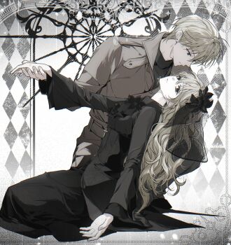 1boy 1girl a_mongs2 absurdres ascot black_ascot black_coat black_eyes black_flower black_shirt black_skirt black_veil blonde_hair brown_coat brown_pants closed_mouth coat coattails commentary cross cross_necklace dress empty_eyes expressionless flower flower_on_head full_body funeral_dress funeral_veil hair_between_eyes hand_grab hand_on_another's_hand head_back highres jewelry latin_cross long_hair long_skirt long_sleeves looking_at_another looking_at_viewer necklace original pale_skin pants serious shirt short_hair sitting skirt tailcoat turtleneck veil wavy_hair