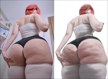 1girl ass bare_shoulders black_shorts braid breasts casual cellulite chainsaw_man commentary comparison cosplay crop_top dolphin_shorts female_focus highres huge_ass lets_lam3nt long_hair low-braided_long_hair low-tied_long_hair low_ponytail makima_(chainsaw_man) makima_(chainsaw_man)_(cosplay) medium_breasts narrow_waist peachuu244 ponytail real_life red_hair reference_work shirt shorts sidelocks solo taut_clothes thick_thighs thighhighs thighs white_shirt white_thighhighs wide_hips zeon_(zzeeonn)