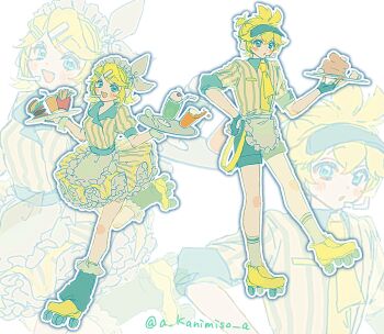 1boy 1girl a_kanimiso_a apron black_gloves black_leg_warmers black_shorts blonde_hair blue_eyes blush_stickers bow burger clothing_cutout collared_dress collared_shirt commentary_request cup dress fingerless_gloves food french_fries frilled_apron frilled_leg_warmers frills full_body glove_cutout gloves grey_apron grey_bow grey_socks hair_bow hair_ornament hairclip hand_on_own_hip headset highres holding holding_tray kagamine_len kagamine_rin leg_warmers maid_headdress melon_soda open_mouth pancake pancake_stack petticoat puffy_short_sleeves puffy_sleeves roller_skates shirt shoes short_hair short_sleeves shorts skates sleeves_rolled_up smile socks striped_clothes striped_dress striped_shirt tareme tray twitter_username visor_cap vocaloid waist_apron waiter waitress wrist_cuffs yellow_dress yellow_shoes zoom_layer