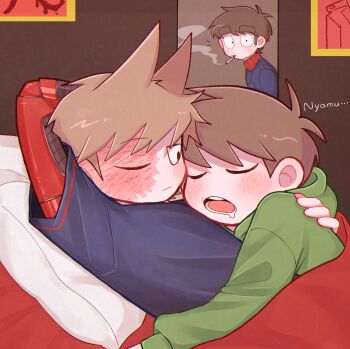 3boys arm_behind_head black_shirt blush brown_hair burn_scar cigarette closed_eyes commentary couple cuddling edd_(eddsworld) eddsworld green_hoodie hair_ears highres hood hood_down hoodie indoors looking_at_another male_focus mau_(edd_tom) mechanical_arms multiple_boys one_eye_closed open_mouth paul_(eddsworld) pillow scar shirt short_hair single_mechanical_arm sleeping smoking symbol-only_commentary thick_eyebrows toon_(style) tord_(eddsworld) under_covers wide-eyed yaoi