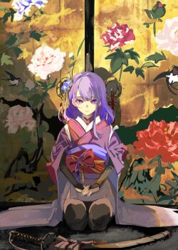 1girl absurdres back_bow black_thighhighs blue_pupils bow braid bridal_gauntlets carpet closed_mouth commentary_request door fingernails floral_print flower full_body gem genshin_impact gold_ring hair_flower hair_ornament headpiece highres indoors japanese_clothes jewelry katana kimono long_sleeves looking_at_viewer mitsudomoe_(shape) mochi_upamo mole mole_under_eye nail_polish neck_ribbon obi own_hands_together pendant pink_bow pink_sash purple_eyes purple_flower purple_gemstone purple_hair purple_kimono purple_nails purple_ribbon raiden_shogun red_ribbon ribbon sash seiza shouji single_braid single_sidelock sitting sliding_doors solo sword tassel tassel_hair_ornament thighhighs tomoe_(symbol) weapon wide_sleeves yellow_ribbon