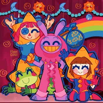 1boy 1other 2girls absurdres album_cover_redraw alien_stage animal_ears artist_name bindle blue_dress brown_hair closed_eyes colored_skin colored_teeth derivative_work dress furry furry_male grin highres jax_(the_amazing_digital_circus) jellyfish_costume multiple_girls pixelgou3 pomni_(the_amazing_digital_circus) rabbit_boy rabbit_ears ragatha_(the_amazing_digital_circus) rainbow ribbit_(the_amazing_digital_circus) sitting smile star_(symbol) star_costume sun the_amazing_digital_circus white_skin yellow_teeth