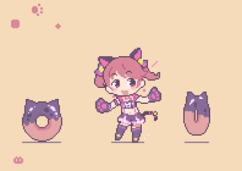 1girl animal_ears animal_hands animated animated_gif blinking bow brown_eyes brown_hair cat_ears cat_tail chibi dancing donut earrings food gloves hair_bow halloween idolmaster idolmaster_cinderella_girls idolmaster_cinderella_girls_starlight_stage jewelry looking_at_viewer midriff outstretched_arms oyuzaki_(ayuzaki) paw_gloves paw_print pixel_art shiina_noriko simple_background skirt smile solo spinning spread_arms standing suspender_skirt suspenders tail tail_ornament thighhighs twintails zettai_ryouiki