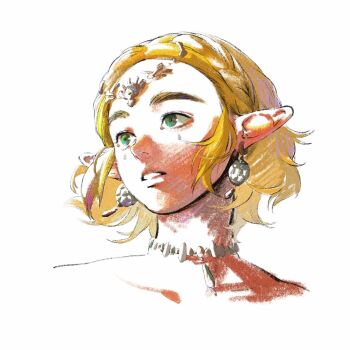 1girl aizheajsee artist_request blonde_hair braid crown_braid crying earrings facial_mark floating_hair forehead_jewel green_eyes highres jewelry looking_to_the_side necklace nintendo parted_hair parted_lips pointy_ears portrait princess_zelda short_hair sidelocks simple_background solo the_legend_of_zelda the_legend_of_zelda:_tears_of_the_kingdom tiara white_background