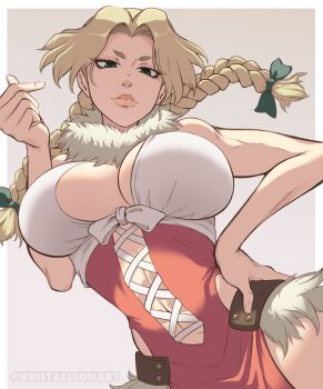 1girl abs absurdres artist_name bare_shoulders beckoning blonde_hair border bow braid breasts cleavage closed_mouth cross-laced_clothes dr._stone dress finger_heart from_below fur_collar fur_trim green_eyes hair_bow hanada_nikki hand_on_own_hip hand_up highres kristallion large_breasts lips long_hair looking_at_viewer mismatched_eyebrows muscular muscular_female navel parted_bangs simple_background solo thick_lips toned twin_braids white_border