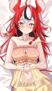 1girl :3 absurdres animal_ears babydoll bed_sheet black_hair blue_eyes blush braid breasts cleavage cleavage_cutout closed_mouth clothing_cutout double-parted_bangs frilled_shorts frills front_slit hair_between_eyes hakos_baelz hakos_baelz_(strawberry_onesie) heart heart-shaped_pupils highres hololive hololive_english ilie_ilie jewelry long_hair looking_at_viewer lying medium_breasts messy_hair mouse_ears mouse_girl mouse_tail multicolored_hair navel necklace official_alternate_costume on_back polka_dot polka_dot_shorts red_hair shorts sleepwear solo streaked_hair symbol-shaped_pupils tail virtual_youtuber white_hair yellow_babydoll