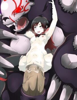 1boy 1girl absurdres ahegao armpits arms_up black_eyes black_hair black_thighhighs blush breasts cape defeat eyebrows facing_viewer fucked_silly grimm_(rwby) heavy_breathing hetero highres huge_penis large_insertion monster nipples nude open_mouth penis pussy pussy_juice rolling_eyes ruby_rose rwby saliva senyorpretty sex short_hair small_breasts smile spread_legs stomach_bulge thighhighs thighs torn_clothes uncensored vaginal veins veiny_penis