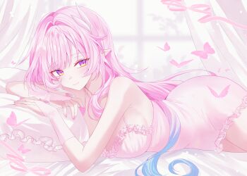 1girl absurdres alternate_costume bare_shoulders breasts bridal_gauntlets bug butterfly closed_mouth commentary cyrene_(demiurge)_(honkai:_star_rail) cyrene_(honkai:_star_rail) diamond-shaped_pupils diamond_(shape) dress fingernails from_side highres honkai:_star_rail honkai_(series) indoors insect large_breasts light_blush long_hair looking_at_viewer looking_to_the_side lying nail_polish on_bed on_stomach pillow pink_bridal_gauntlets pink_butterfly pink_dress pink_hair pink_nails pink_theme pointy_ears seno_(senohime) sidelocks smile solo symbol-only_commentary symbol-shaped_pupils