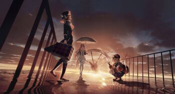 3girls :o absurdres ascot backlighting backpack bag black_boots black_coat black_hat black_pants blowing_bubbles blue_bow blue_skirt boots bow brown_hair bubble_wand checkered_hairband coat collared_dress dress from_side green_eyes grey_hair grey_shorts hair_bun hairband hat hat_bow high_collar highres holding holding_suitcase holding_umbrella holding_wand horizon jacket looking_at_viewer mimaki_pv multiple_girls newsboy_cap open_bag pants pants_under_dress profile red_jacket red_socks reflection reflective_liquid regulus_(reverse:1999) reverse:1999 scenery short_dress shorts single_side_bun skirt soap_bubbles socks sonetto_(reverse:1999) spinning_wheel squatting standing standing_on_liquid suitcase twilight two_side_up umbrella vertin_(reverse:1999) walking wand water white_ascot white_dress white_pants wide_shot