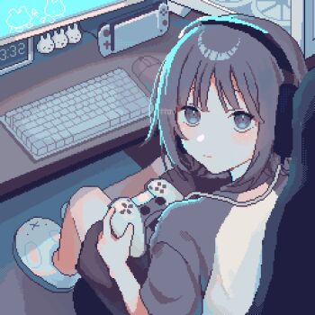 1girl animal_slippers asleep_onthebed blue_eyes brown_hair bunny_slippers chair computer_fan computer_keyboard computer_mouse controller from_above game_controller gaming_chair headphones highres holding holding_controller looking_at_viewer looking_back monitor nintendo_switch original pixel_art playing_games short_hair sitting slippers solo swivel_chair