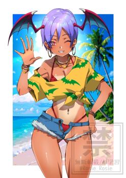 1girl animal_print arm_up bat_print bat_wings beach bikini bikini_under_clothes blue_shorts breasts cleavage collarbone commentary_request darkstalkers day earrings gluteal_fold halterneck head_wings highleg highleg_bikini hoop_earrings jewelry lilith_(darkstalkers) looking_at_viewer navel_piercing one-piece_tan one_eye_closed open_fly outdoors palm_tree piercing print_shirt purple_hair red_bikini rosie_rosie shirt short_hair short_shorts shorts smile solo standing sun swimsuit tan tanline tree wings